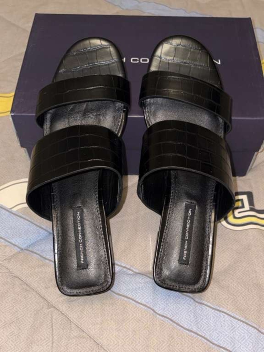 French Connection Black Croc-Embossed Double Strap Slide Mules